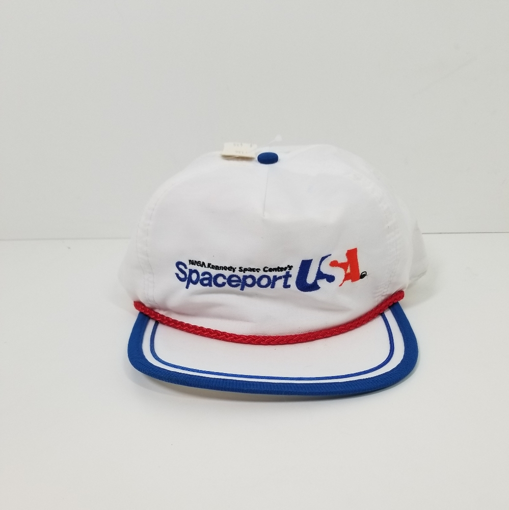 Vtg NOS NASA Spaceport Red White Blue Embroidered Logo Leather Snapback Hat Cap